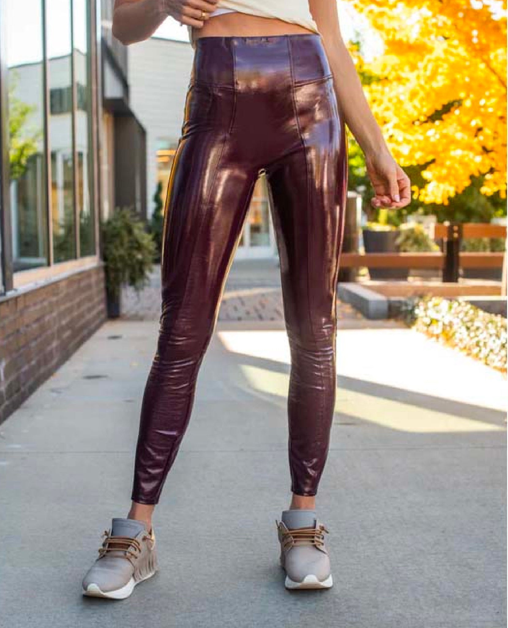 Bershka Petite faux leather legging in brown